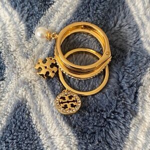 Tory Burch Gold Ring Set with Pearl and Logo Charms